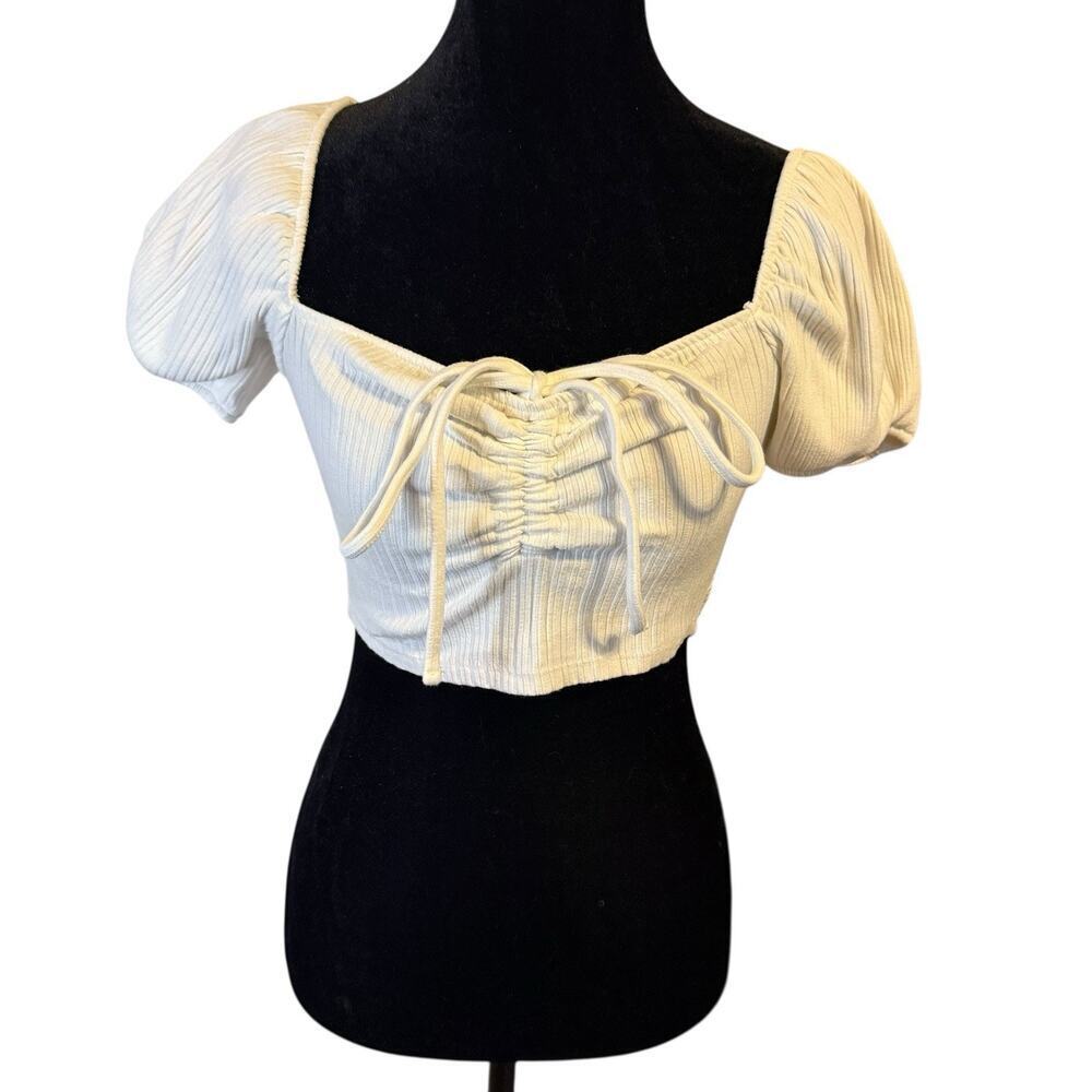 ZARA Ribbed Puff Sleeve Crop Top Ruched Front White M Romantic Cottagecore Y2K